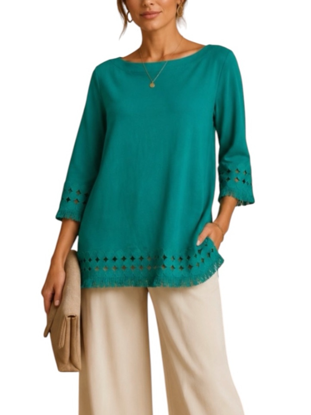 Talbots Pima Cotton Eyelet Fringe 3/4 Sleeve Top Teal Women’s Size Medium